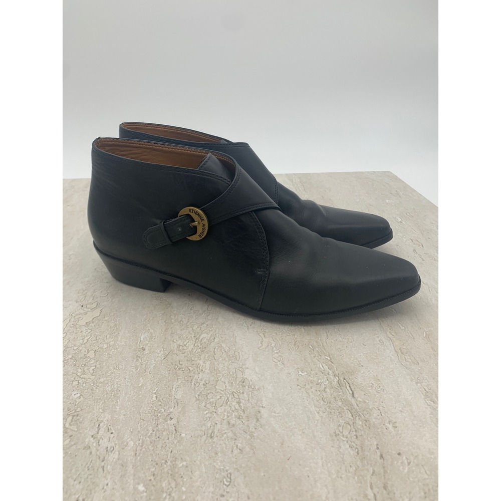 Etienne Aigner Pony Black Leather Buckle Ankle Boots 8N Pointed Toe Low Heel